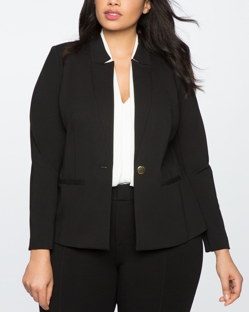 Side of a model wearing a size 20 The Ultimate Stretch Suit Blazer in Black by ELOQUII. | dia_product_style_image_id:295061